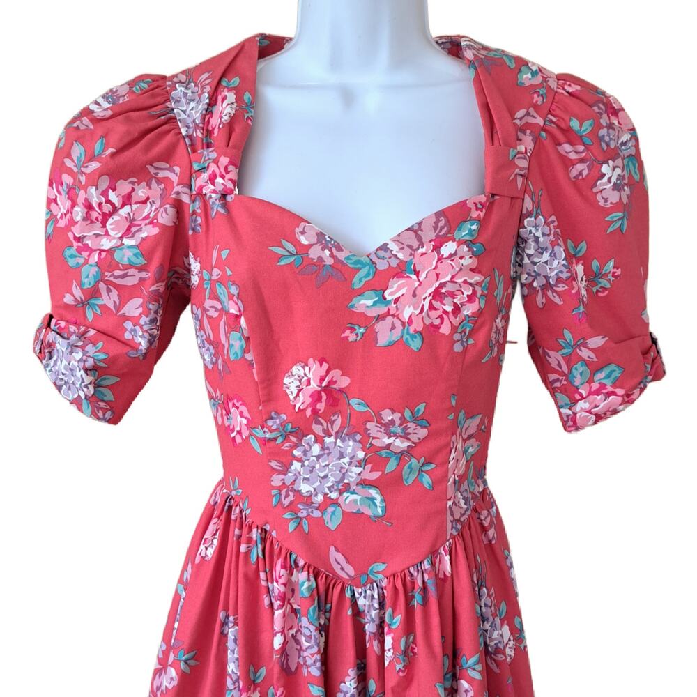 Vintage 80s LAURA ASHLEY Pink Floral Puff Sleeve Midi Dress fits XS Cottagecore - Picture 4 of 9